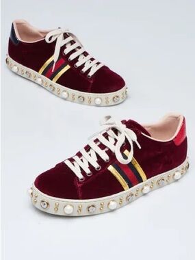 NWOT Gucci Velvet Pearl-Embellished Lace-Up Sneakers - Burgundy